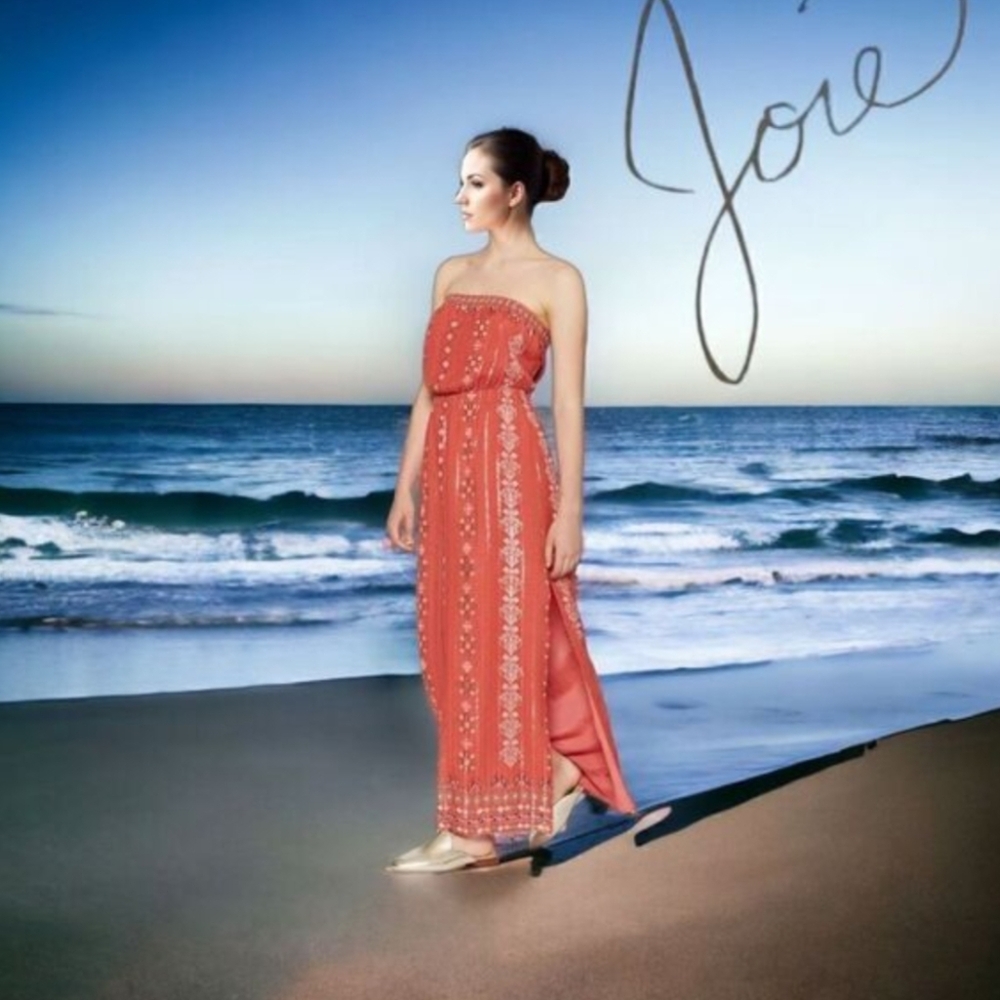 Silk Strapless Coral Ikat Metallic Boho Maxi Dress Joie Summer Vacation